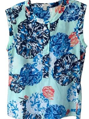 J.Crew Floral Sleeveless Hidden Button Blouse Blue Aqua Size 8